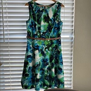 Dressbarn Green and Blue Sleeveless A-Line Midi Dress